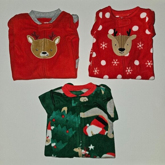 NWT 3 Pairs Christmas Footie Pajamas Lot Newborn NB Red Reindeer Santa Carter's
